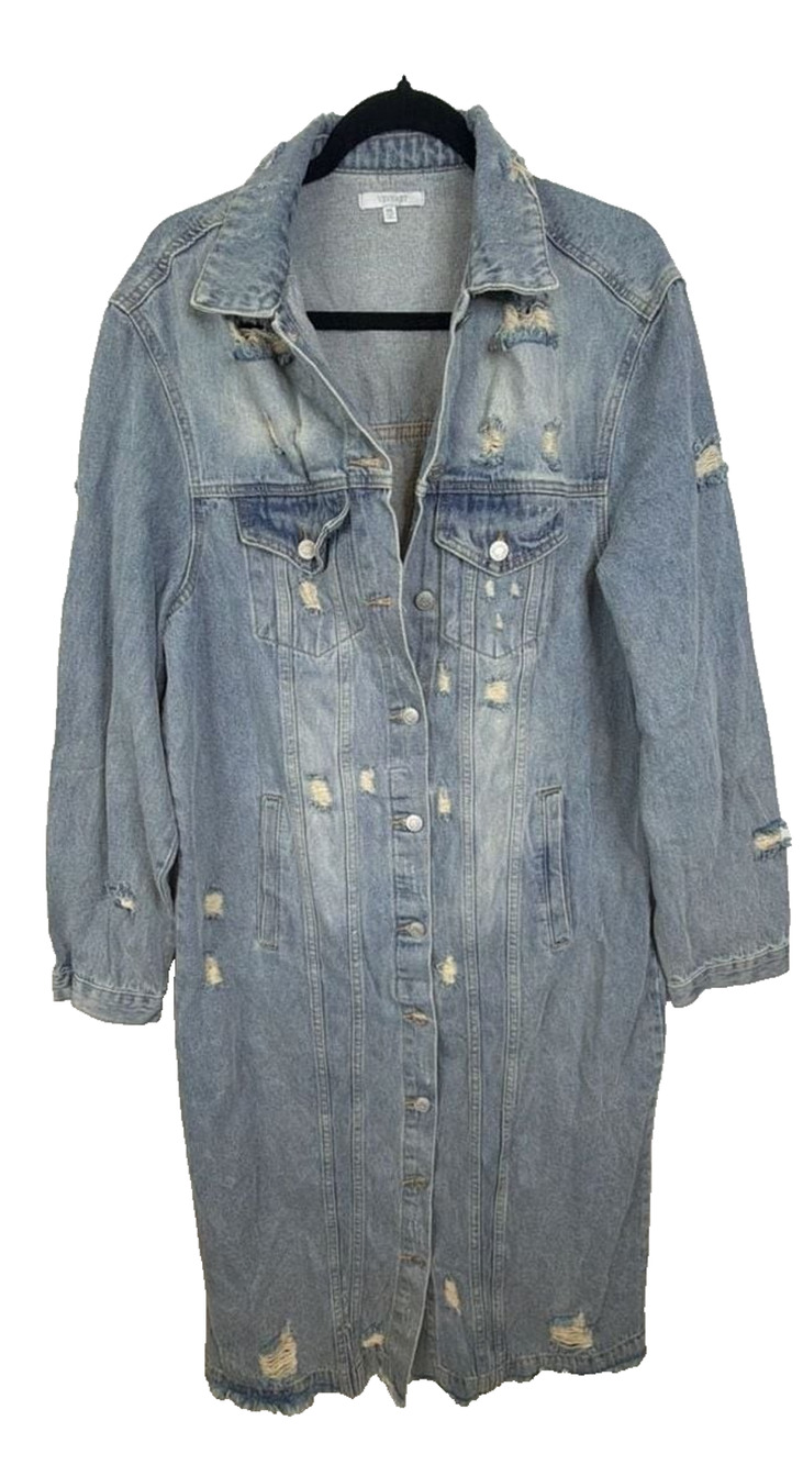 Veveret Longline Distressed Denim Jacket/Duster Coat Y2K Size 1XL